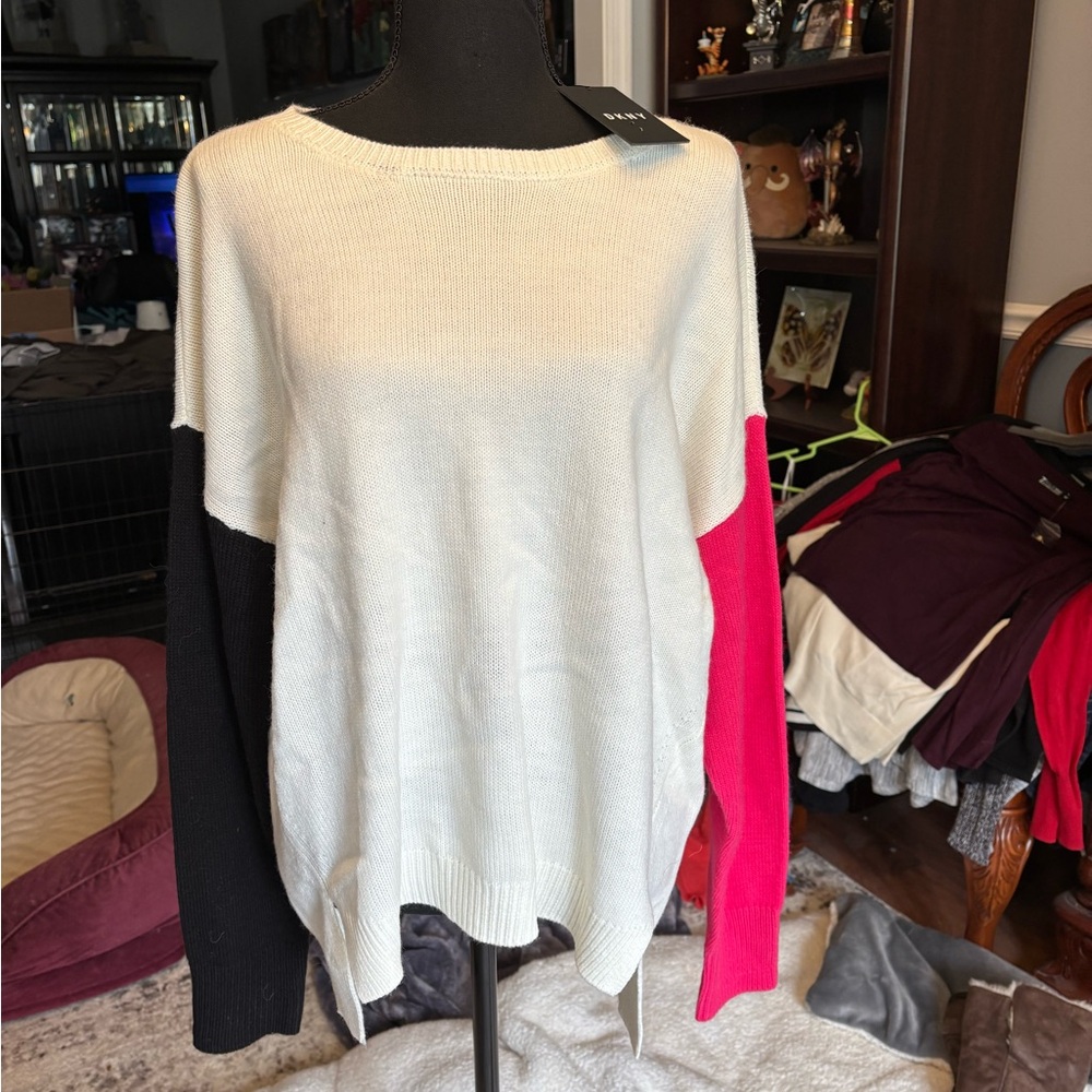 DKNY Elegant Black and Cream and Pink Color-block Sweater